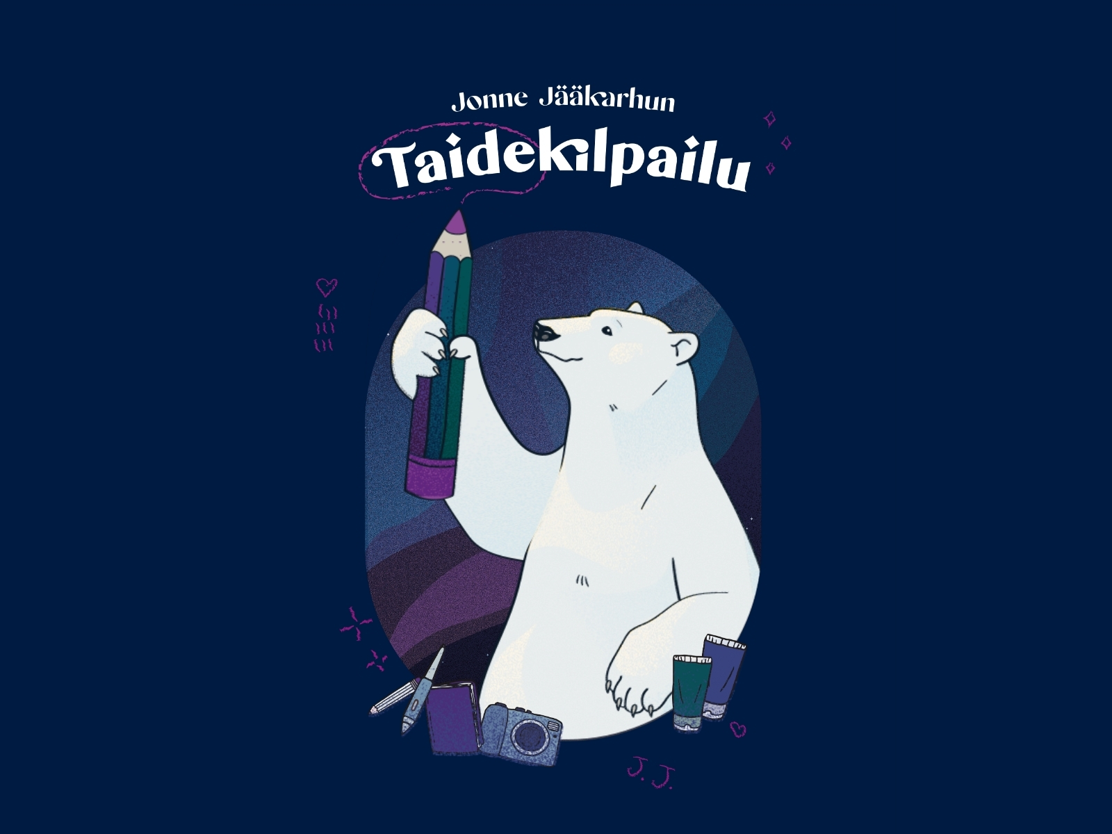Jääkarhu piirroshahmo tassussaan värikynä.