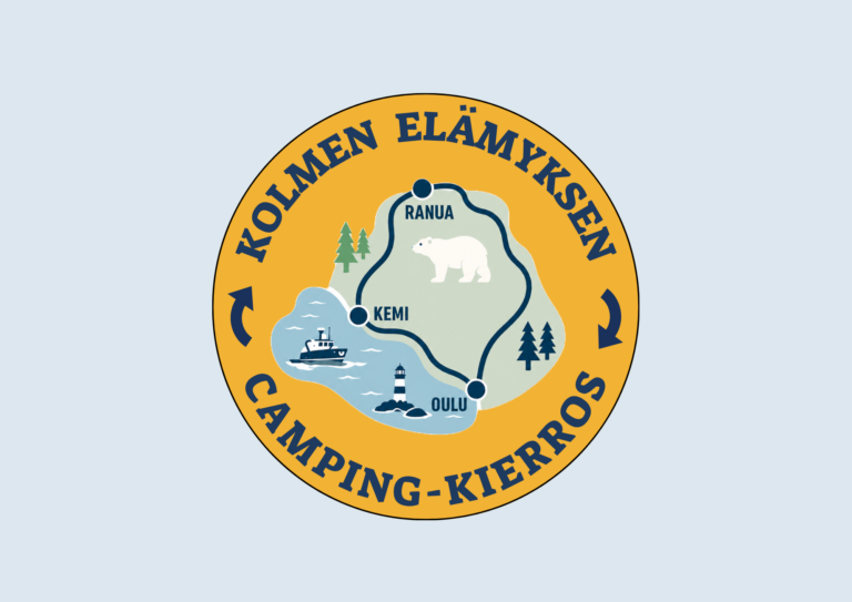Kolmen elämyksen camping-kierroksen logo vaaleansinisellä taustalla.